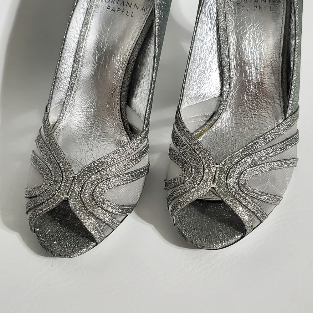 Adrianna Papell Silver Glitter Heel Pumps Sheer Peek A Boo Toe Shoes